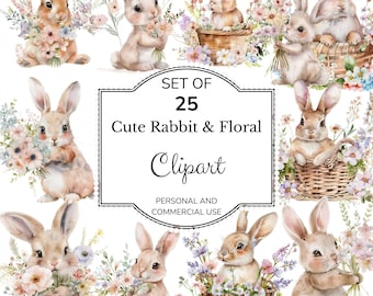 Schattig konijn en bloemen aquarel paashaas clipart, 25 hoge resolutie png- en jpg-bestanden, Instant Download voor knutselen commercieel gebruik