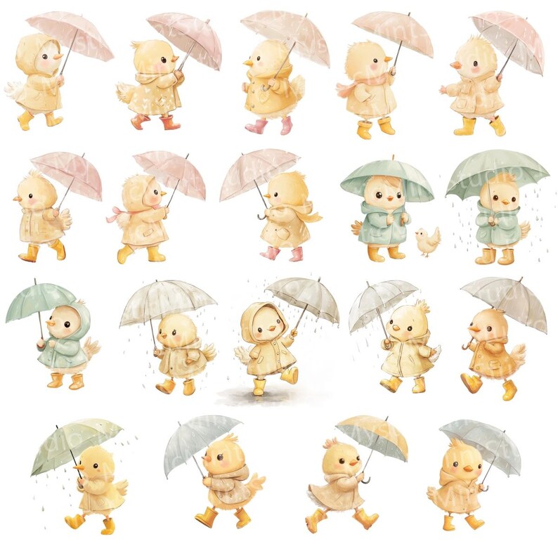 May include: Watercolor illustration of multiple yellow chicks wearing raincoats and holding umbrellas. The chicks are depicted in various poses, some walking, others standing, with rain falling around them. The umbrellas are in shades of pink, green, and gray.