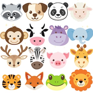 Collection de cliparts visages d'animaux mignons, 60 PCS PNG et JPG| Illustrations de tête de bébé animal | Clipart Zoo de la jungle | Téléchargement numérique instantané