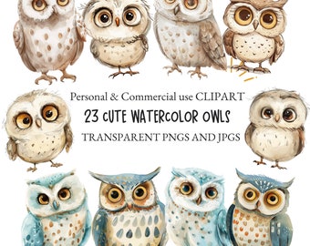 Watercolor Cute Owl Clipart Bird Clipart|Nursery Clipart, Crafts and Scrapbooking|23 PNG and JPG Files|Digital Download|Commercial Use