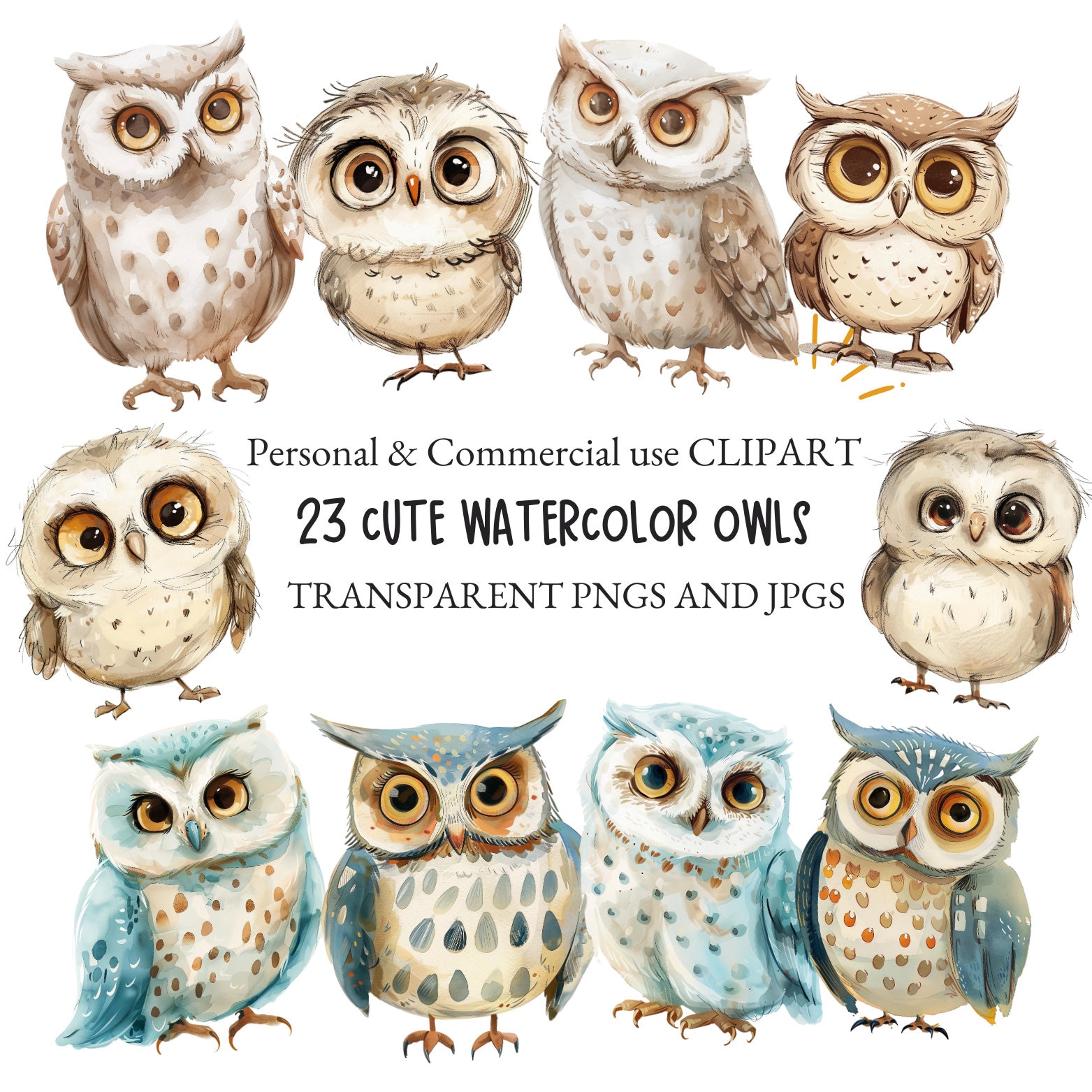 Watercolor Cute Owl Clipart Bird Clipart|Nursery Clipart, Crafts and Scrapbooking|23 PNG and JPG Fil