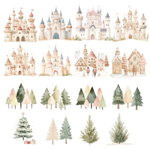 Puede incluir: Ilustraciones de acuarela de varios castillos de cuento de hadas, casas de jengibre y &aacute;rboles de Navidad. Los castillos son en tonos de rosa, marr&oacute;n y blanco. Las casas de jengibre est&aacute;n decoradas con glaseado blanco y caramelos. Los &aacute;rboles de Navidad son verdes y est&aacute;n decorados con nieve blanca.
