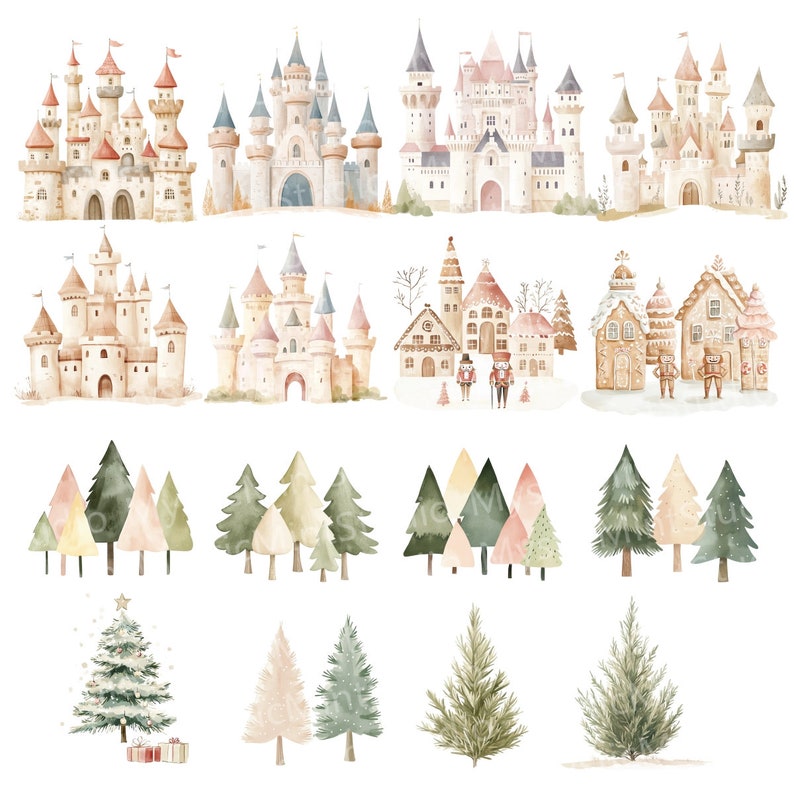 Puede incluir: Ilustraciones de acuarela de varios castillos de cuento de hadas, casas de jengibre y &aacute;rboles de Navidad. Los castillos son en tonos de rosa, marr&oacute;n y blanco. Las casas de jengibre est&aacute;n decoradas con glaseado blanco y caramelos. Los &aacute;rboles de Navidad son verdes y est&aacute;n decorados con nieve blanca.
