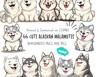 May include: A set of 66 cartoon illustrations of Alaskan Malamutes in various poses. The illustrations are in a cute style and feature different expressions. The text "66 CUTE ALASKAN MALAMUTES" is written in bold letters at the top of the image. The text "Personal & Commercial use CLIPART" is written in smaller letters below the title. The text "TRANSPARENT PNGS AND JPGS" is written in smaller letters below the clipart description. The text "Woof!" is written in a speech bubble at the bottom of the image.