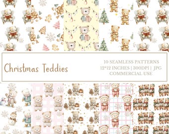 Christmas Digital Paper | Seamless Teddy Bear Pattern | Teddy Bear Christmas Pattern | Festive Bear Print | Holiday Fabric Pattern