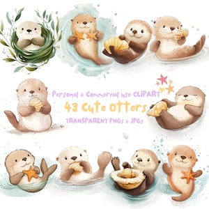 Clipart loutre mignon aquarelle, clipart loutre de mer | clipart chambre d'enfant, travaux manuels et scrapbooking | 43 fichiers PNG et JPG | téléchargement numérique | usage commercial