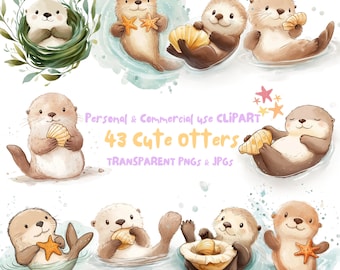 Watercolor Cute Otter Clipart,Sea Otter Clipart|Nursery Clipart,Crafts and Scrapbooking|43 PNG and JPG Files|Digital Download|Commercial Use