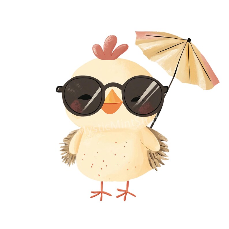 May include: A whimsical illustration of a yellow chick wearing black sunglasses and holding a small, open, beige parasol. The chick has an orange beak and a small, red comb. The image has a watercolor style and a white background.