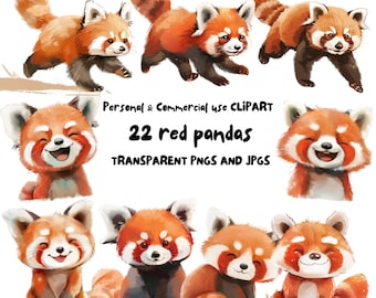 Cute Watercolor Red Panda Clipart | 22 High-Quality PNG and JPG | Nursery Clipart, Wall Art, Junk journal, Digital Download | Commercial Use