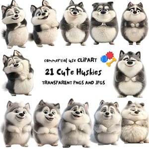 21 Cute Husky Clipart, Funny Husky Clipart, Cute Dog Clipart, Dog Lover, PNGs and JPGs - High-Resolution Digital Download for Commercial Use