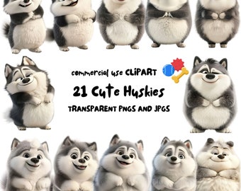 21 Cute Husky Clipart, Funny Husky Clipart, Cute Dog Clipart, Dog Lover, PNGs and JPGs - High-Resolution Digital Download for Commercial Use