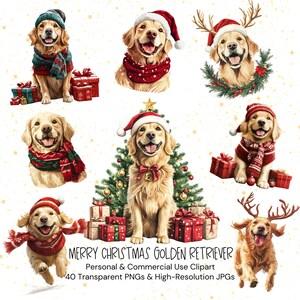 Christmas Golden Retriever Clipart, Festive Golden Retriever Clipart, Holiday Dog Clipart|40 PNGs and JPGs|Digital Download|Commercial Use