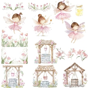 K&ouml;nnte beinhalten: Aquarell-Illustrationen von Feen, Blumen und Brunnen. Die Feen tragen rosa Kleider und haben Fl&uuml;gel. Die Blumen sind rosa und wei&szlig;. Die Brunnen sind aus Holz und Stein.