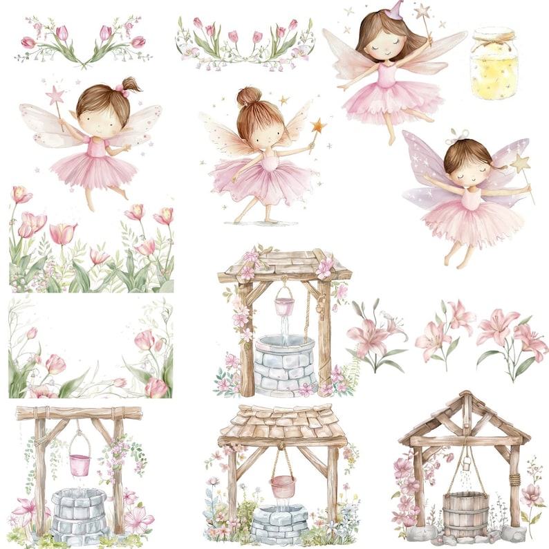 K&ouml;nnte beinhalten: Aquarell-Illustrationen von Feen, Blumen und Brunnen. Die Feen tragen rosa Kleider und haben Fl&uuml;gel. Die Blumen sind rosa und wei&szlig;. Die Brunnen sind aus Holz und Stein.