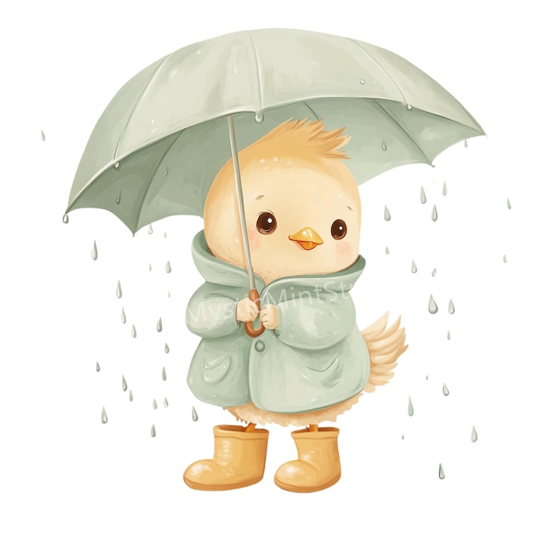 May include: A charming illustration of a yellow bird wearing a light green raincoat and yellow boots, holding a matching umbrella. Raindrops fall around the bird, creating a whimsical and adorable scene. The bird has big brown eyes and a small orange beak.