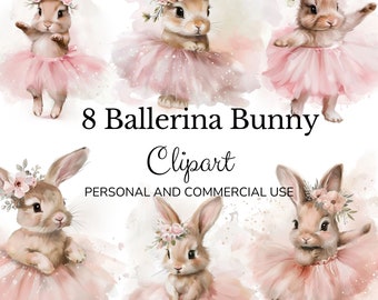 8 Ballerina Bunny Wall Art Watercolor Cute bunnies in tutus Clipart  High-Resolution JPGs, Instant Download for Commercial Use