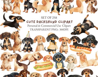 Watercolor Dachshund Clipart Bundle | Cute Sausage Dog Clipart | Wiener Dog PNG | Dachshund Puppy Art | Dog Lover Clipart | Dog Lover PNG