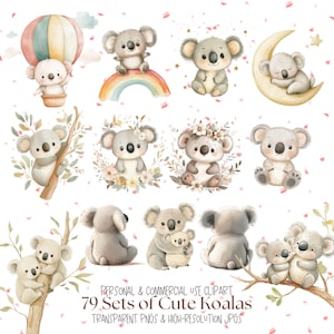 Pacchetto di clipart di koala carino / Clipart di koala ad acquerello l Arte per la cameretta dei bambini di koala l Decorazione per bambini di koala l Arte murale di koala l PNG e JPG l Uso commerciale