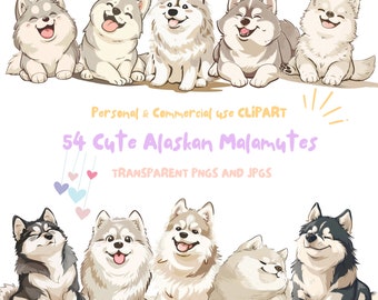 May include: A digital illustration of 8 cute Alaskan Malamute puppies in various poses. The puppies are all white with brown markings and have big, brown eyes. The background is white.