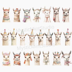 May include: A set of 20 digital illustrations of llamas wearing various hats and accessories. The llamas are in different poses and have different expressions. Some of the llamas are wearing party hats, while others are wearing flower crowns, scarves, and other accessories.