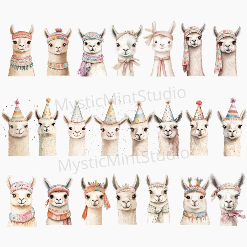 May include: A set of 20 digital illustrations of llamas wearing various hats and accessories. The llamas are in different poses and have different expressions. Some of the llamas are wearing party hats, while others are wearing flower crowns, scarves, and other accessories.