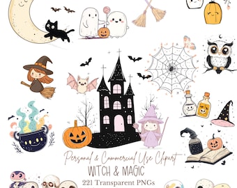 May include: A set of 221 Halloween-themed digital clipart images, including a witch, a haunted house, a cauldron, a spiderweb, a black cat, ghosts, pumpkins, and skulls. The clipart is perfect for creating invitations, cards, party decorations, and other crafts.