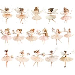 Puede incluir: Un conjunto de 14 ilustraciones de acuarela de hadas en varias poses. Las hadas llevan tut&uacute;s rosas y dorados y tienen alas. Algunas hadas sostienen varitas m&aacute;gicas, mientras que otras sostienen juguetes. Las ilustraciones son perfectas para agregar un toque de magia a cualquier proyecto.