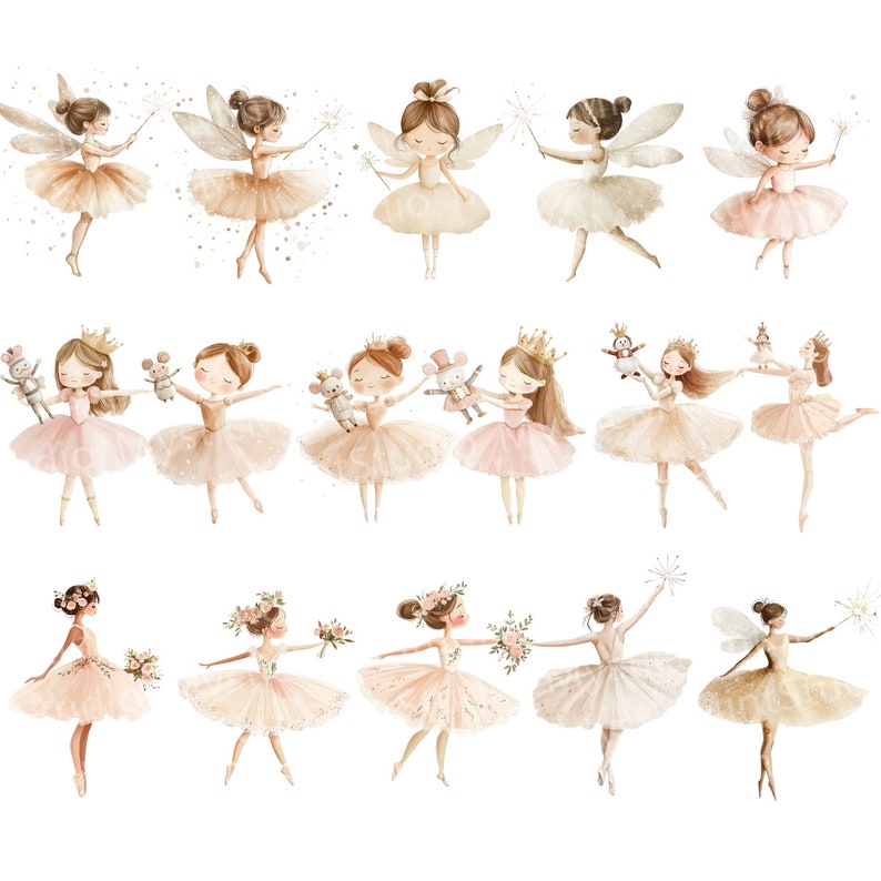 Puede incluir: Un conjunto de 14 ilustraciones de acuarela de hadas en varias poses. Las hadas llevan tut&uacute;s rosas y dorados y tienen alas. Algunas hadas sostienen varitas m&aacute;gicas, mientras que otras sostienen juguetes. Las ilustraciones son perfectas para agregar un toque de magia a cualquier proyecto.
