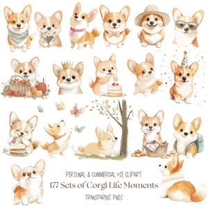 Niedliche Corgis Clipart Bundle | Aquarell Corgis Clipart l Süßer Hund Clipart l Corgis Hund Digital Art l Verspielte Corgis Clipart l Corgis-Liebhaber PNG