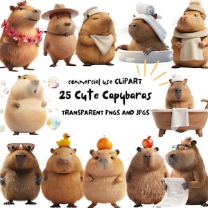 25 Cute Capybara Clipart- Funny Capybara Illustrations PNGs and JPGs - High-Resolution Digital Download for Crafts & Designs Commercial Use