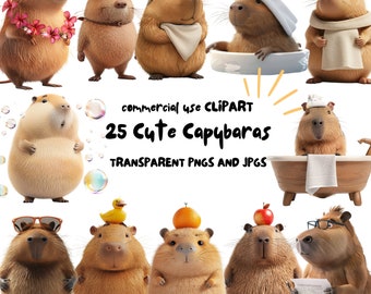 25 Cute Capybara Clipart- Funny Capybara Illustrations PNGs and JPGs - High-Resolution Digital Download for Crafts & Designs Commercial Use