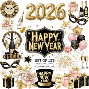 Clipart de Ano Novo, Gráficos de Festa, Adesivos de Planejador, PNGs com Glitter Dourado, Champanhe, Balões, Relógio, Peônias, Estrelas, Uso Comercial