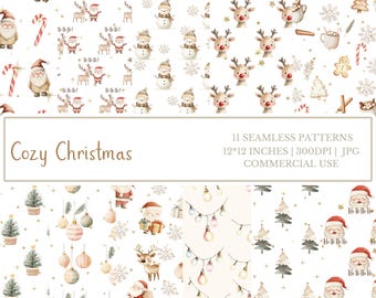 Può includere: Un set di 11 motivi di Natale senza cuciture digitali che presentano illustrazioni ad acquerello di Babbo Natale, renne, pupazzi di neve, alberi di Natale, ornamenti e luci. I motivi sono di 12x12 pollici e 300 DPI. Il testo "Cozy Christmas" e "Ho Ho Ho" è incluso nei motivi.