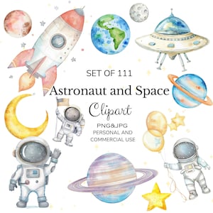 111 imágenes prediseñadas de acuarela de astronautas y el espacio: impresiones de arte digital celestial, descarga instantánea para proyectos de bricolaje, decoración de guarderías, álbumes de recortes