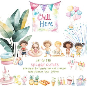 Peut inclure: Un ensemble de 335 illustrations aquarelle représentant de mignons personnages de dessins animés profitant d'activités estivales. L'ensemble comprend des enfants jouant dans l'eau, une licorne, de la crème glacée, des ananas, des hot-dogs et bien plus encore. Le texte "Chill Here" est présenté sur une pancarte avec un fond aquarelle.