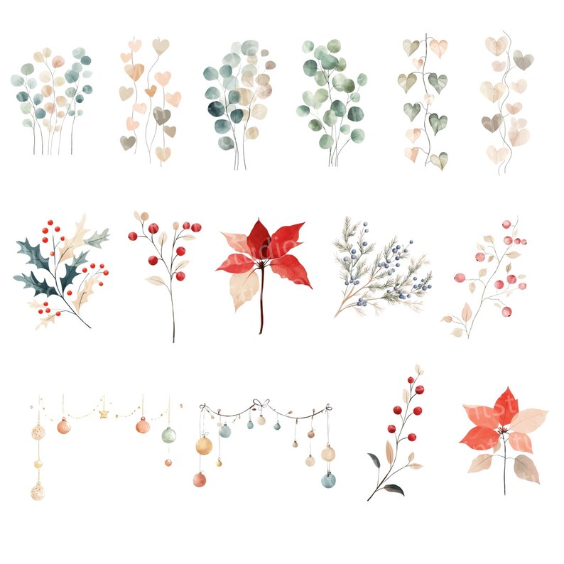 Puede incluir: Un conjunto de ilustraciones de acuarela que presentan varios elementos florales y bot&aacute;nicos, incluyendo ramitas de bayas, hojas de eucalipto, flores de poinsettia y una guirnalda de adornos navide&ntilde;os.