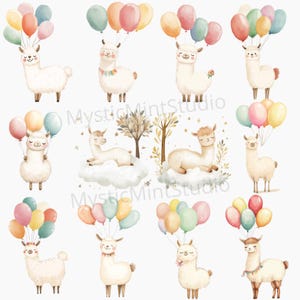May include: A set of 10 digital clipart images featuring cute llamas with colorful balloons. The llamas are in various poses, some are sitting, some are standing, and some are lying down. The balloons are in a variety of colors, including pink, blue, yellow, and green.