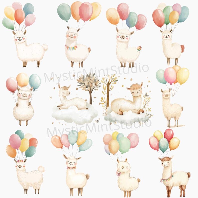 May include: A set of 10 digital clipart images featuring cute llamas with colorful balloons. The llamas are in various poses, some are sitting, some are standing, and some are lying down. The balloons are in a variety of colors, including pink, blue, yellow, and green.