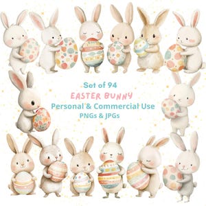 Watercolor Easter Bunny Clipart | Easter Egg Clipart | Cute Bunny Clipart | Spring Bunny PNG | Pastel Easter Clipart | Easter Egg Hunt PNG