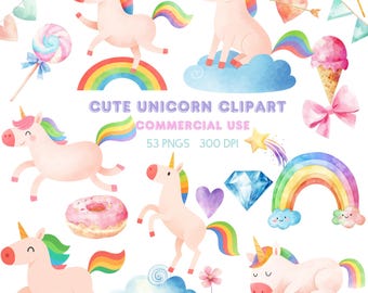 Cute Unicorn Clipart, Watercolor Wall art, Nursery Decor, Birthday Gift, 53 PNGs - High-Resolution Digital Download for Commercial Use