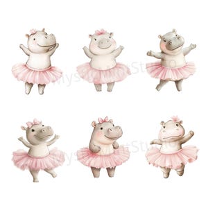 May include: Six gray hippopotamus wearing pink tutus and pink bows. The hippos are in various poses, some are standing, some are dancing, and some are looking at the viewer.