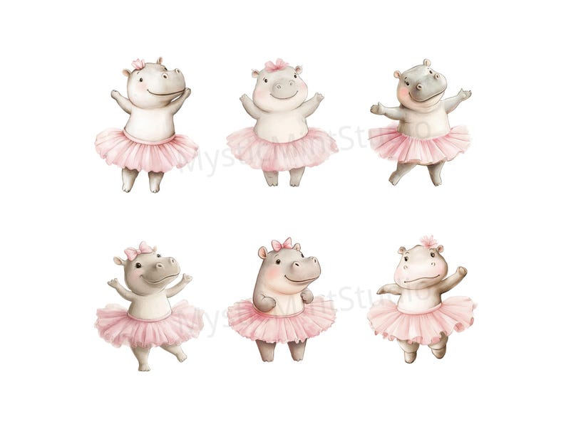 May include: Six gray hippopotamus wearing pink tutus and pink bows. The hippos are in various poses, some are standing, some are dancing, and some are looking at the viewer.