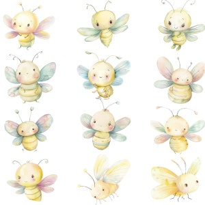 K&ouml;nnte beinhalten: Zw&ouml;lf Aquarell-Illustrationen von niedlichen Cartoon-Bienen mit unterschiedlich gef&auml;rbten Fl&uuml;geln und K&ouml;rpern. Die Bienen haben l&auml;chelnde Gesichter und sind in einem skurrilen Stil gezeichnet.