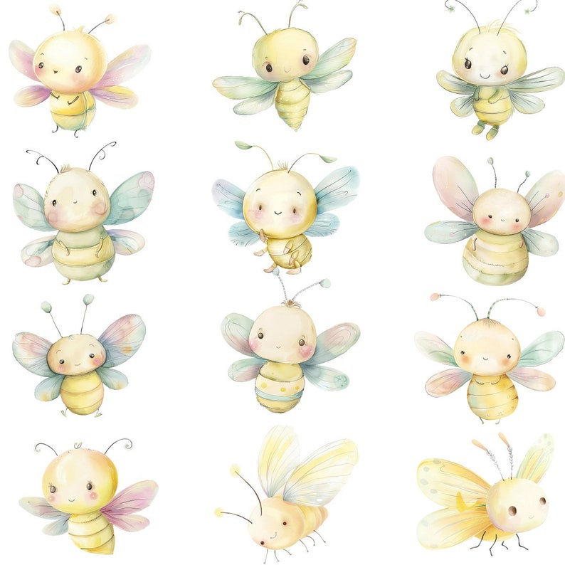 K&ouml;nnte beinhalten: Zw&ouml;lf Aquarell-Illustrationen von niedlichen Cartoon-Bienen mit unterschiedlich gef&auml;rbten Fl&uuml;geln und K&ouml;rpern. Die Bienen haben l&auml;chelnde Gesichter und sind in einem skurrilen Stil gezeichnet.