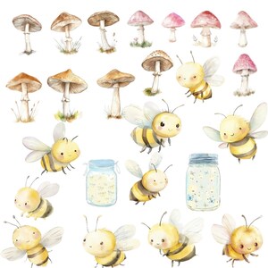 K&ouml;nnte beinhalten: Aquarell-Illustration von Pilzen und Bienen. Die Pilze sind in verschiedenen Braunt&ouml;nen und Rosa gehalten. Die Bienen sind gelb und schwarz mit s&uuml;&szlig;en Gesichtern. Es gibt auch zwei Gl&auml;ser mit Gl&uuml;hw&uuml;rmchen darin.