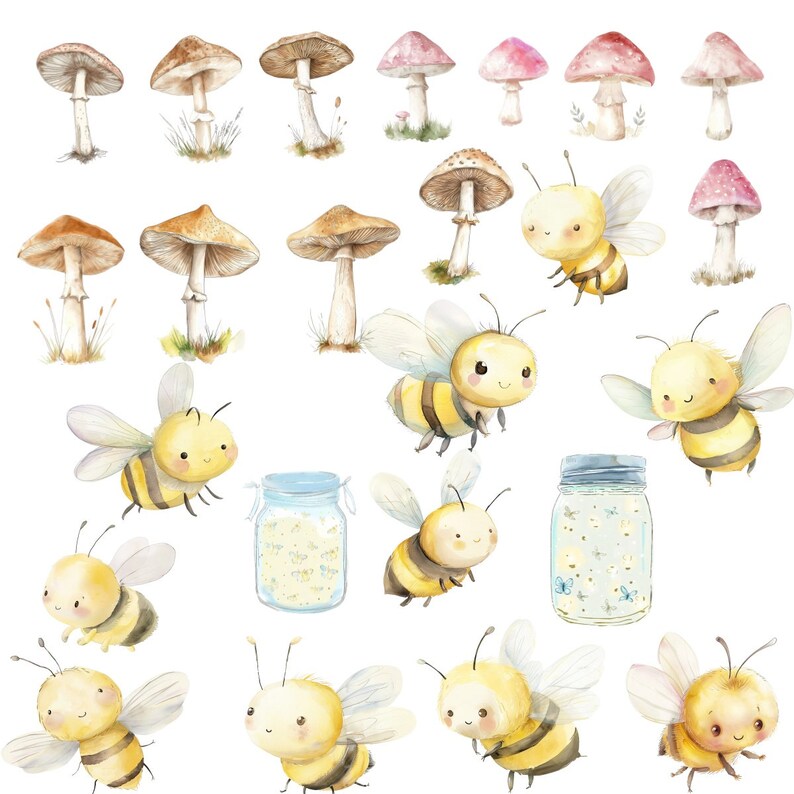 K&ouml;nnte beinhalten: Aquarell-Illustration von Pilzen und Bienen. Die Pilze sind in verschiedenen Braunt&ouml;nen und Rosa gehalten. Die Bienen sind gelb und schwarz mit s&uuml;&szlig;en Gesichtern. Es gibt auch zwei Gl&auml;ser mit Gl&uuml;hw&uuml;rmchen darin.