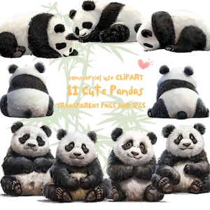 Aquarel panda clipart, panda's clipart, schattige dieren clipart, 11 png's en jpg's, Instant Download voor het knutselen van babydieren, commercieel gebruik