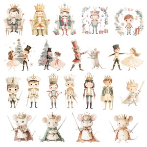 Puede incluir: Un conjunto de ilustraciones de acuarela con tem&aacute;tica de cascanueces. Las ilustraciones incluyen un soldado cascanueces, un rat&oacute;n, una bailarina y un &aacute;rbol de Navidad. Las ilustraciones est&aacute;n pintadas en un estilo caprichoso con colores suaves.