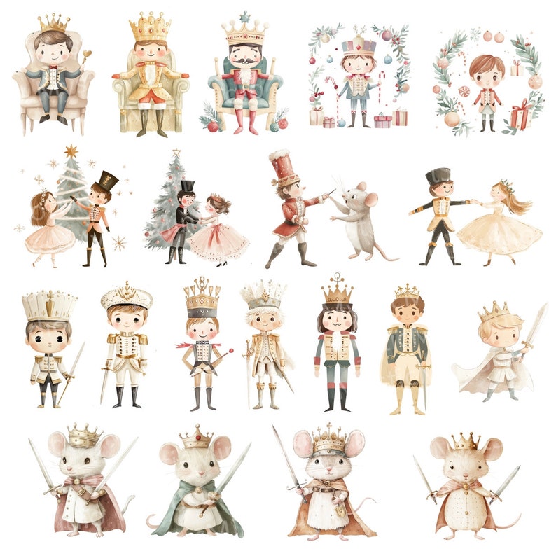 Puede incluir: Un conjunto de ilustraciones de acuarela con tem&aacute;tica de cascanueces. Las ilustraciones incluyen un soldado cascanueces, un rat&oacute;n, una bailarina y un &aacute;rbol de Navidad. Las ilustraciones est&aacute;n pintadas en un estilo caprichoso con colores suaves.