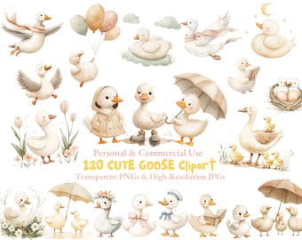 Boho Goose Clipart | Goose Nursery Clipart l Cute Goose Clipart l Baby Shower Clipart l Nursery Decor l Scrapbooking Goose Art l PNG and JPG